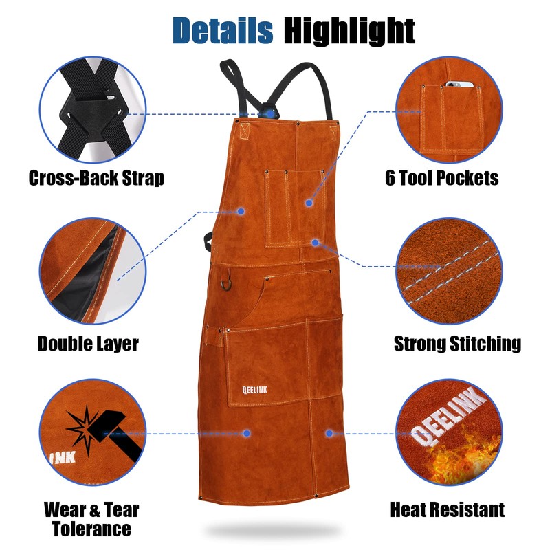 QeeLink Leather Welding Apron with 6 Pockets - Heat &