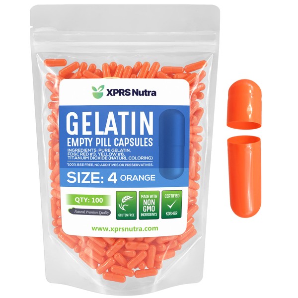 Capsules Express - Cápsulas de gelatina vacías de color naranja Kosher - Cápsula de gelatina pura - Relleno de polvo de bricolaje (100)