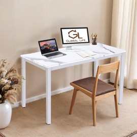 GL GLOBAL LIFE 55 inch Large Computer Desk Wood, Modern Simple Style Desk for Home Office, Bedroom, Study Student Writing Desk, Small Spaces, White Metal Frame, Marble Grain Top