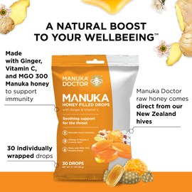 Manuka Doctor Cough Drops, Manuka Middles, 30 Drops (Pack of 1) Bag Throat Lozenges Infused with Raw Manuka Honey, Vitamin C & Ginger for Immune Support, Helps Soothe Sore Throat