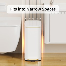 KSSKSS Small Bathroom Trash Can with Lid Soft Close, Step Pedal, 6L / 1.6 Gal Stainless Steel Garbage Bin with Removable Inner Bucket, Slim Wastebasket for Narrow Spaces (White)