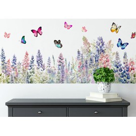 Butterfly Lavender Weeds Wildflower Wall Stickers Decals, Colorful Flower Floral Wallpaper Mural for Nursery Kitchen Home