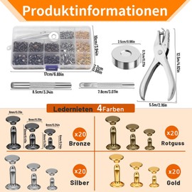 Reovin Set of 240 Leather Rivets Set, Double Cap Rivets, 12 mm, 8 mm, 6 mm, 3 Sizes, Metal Rivets for Leather with Hole Pliers, 4 Colours, Hollow Rivets for Leather Crafts, DIY, Decoration