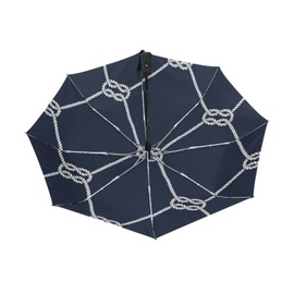Poeticcity White Nautical Rope Loop Square Knots on Marine Dark Navy Blue Automatic Folding UPF 50+ Anti-UV Rain Umbrella, Auto Open/Close 3 Folds Sun Parasol Canopy Windproof Compact Travel Umbrella