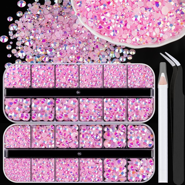 BELLEBOOST 3500PCS Resin Rhinestones Kits, 2/3/4/5/6mm Flatback Jelly Rhinestones, 2 Box Light Pink AB Non Hotfix Crystal Gems for DIY Crafts Mugs Bottles Tumblers Clothes Makeup Nail Manicure
