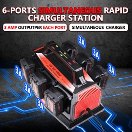 6-Ports Super Simultaneous Charger for Milwaukee Battery,6 Port Each 3A Rapid Charger Station Compatible with M18 14.4V- 18V Li-Ion Battery