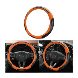 LoyaForba Leather Steering Wheel Cover, Auto Car Stretch Steering Wheel Protector, Universal 15 Inch Anti-Slip Breathable Odorless Steering Wheel Cover for Men Women (Black/Orange)
