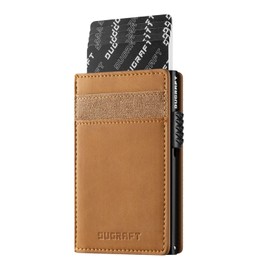 DUGRAFT Slim Card Holder for Men with Aluminum POP UP Credit Card Ejector RFID Blocking, ID Window and 4 Card Slots, Minimalist Front Pocket Wallet for Max. 10 Cards, Light Brown