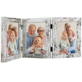 Frametory, 3 Picture Frames 5x7 Trifold Photo Frames Collage - Real Glass - Triple Folding (Distressed White, 1 Pack)