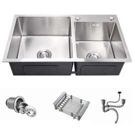 DuyviSteil 31" x 18" Silver Double Bowl Kitchen Sink, Drop-in/Topmount Overmount Kitchen Sinks with 304 Nano-Coated and Drainage Pipes & Fruit Basket