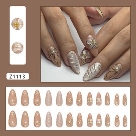 Pink Press on Nail Almond Shape Fake Nails with Bow Floral designs Glitter Acrylic Artificial Nail Full Cover Glitter Stick on Nails Pearl 3d False Nails Finger Manicure for Women Girls Nail Supplies