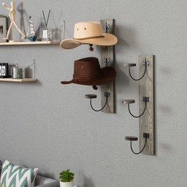 MyGift Wall Mounted Black Metal Wire Vertical Hat Rack with Vintage Gray Solid Wood Backing, Wall Baseball Cap Display, Entryway Hat and Coat Storage Hooks, Set of 2