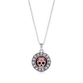Inspired Silver - Sugar Skull - Silver Necklace for Women - Circle Pendant Chain Necklace Jewelry Gift with Cubic Zirconia - Women's Necklace Charm with Lobster Claw Clasp
