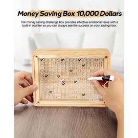 Inmorven 10K Dollar Clear Front Large Wooden Money Box with Tracker Grid, 7.6"x5.6"x1.9" $10,000 Goal Piggy Bank, 10000 USD Savings Challenge Box with Cash and Coins Separate Slots