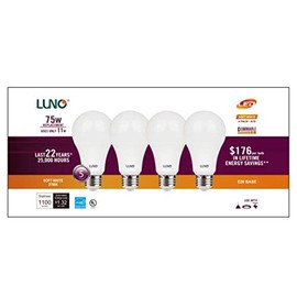 LUNO A19 Dimmable LED Bulb, 11W (75W Equivalent), 1100 Lumens, 2700K (Soft White), Medium Base (E26),UL & ENERGY STAR (4-Pack)