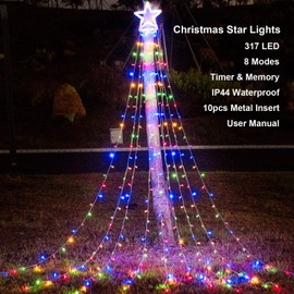 (New) FUNIAO Christmas Decorations Outdoor Star Lights, 317 LED Curtain String Lights, Star Hanging Christmas Tree Topper Lights with 12" Star for Holiday, Wedding, Party, New Year (Multicolor)