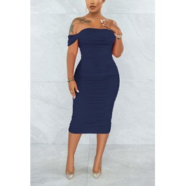 Women's Sexy Off Shoulder Sleeveless Bodycon Ruched Midi Elegant Cocktail Evening Party Night Tube Dresses