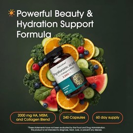 NatureBell Ácido Hialurónico 2,000mg con Colágeno y MSM - 240 Cápsulas - Hidratación de la piel, cabello, uñas y soporte articular - Fórmula soluble e