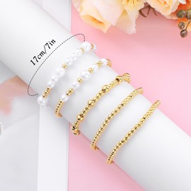 Lusofie 5Pcs Gold Beaded Bracelets for Women, Pearl Bracelet, Stackable Gold Bangles, Trendy Adjustable Gold Stretch Ball Bracelet Set Jewelry