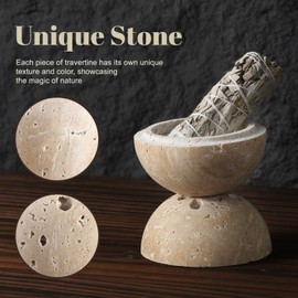 Koville Natural Travertine Stone Incense Burner, Incense Holder for Cone/Balsam Fir/Palo Santo/Sage, Handmade Sphere Incense Burner for Meditation Yoga SPA Relaxation, Home Decor,Beige Travertine