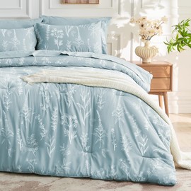 MUXHOMO Mineral Blue Cal King Comforter Set, Elegant Floral Print Bed in a Bag 7 Pieces, Ultra Soft & Breathable Reversible Botanical Pattern Bedding Set with Comforter, Sheets, Pillowcases, and Shams
