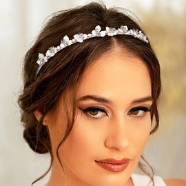 Formery White Beaded Headband Grey Crystal Pearl Flower Hairband Wedding Prom Party Handmade Floral Rhinestones Headpiece for Women and Girls