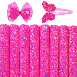 Shalun 8 Pcs/pack A4 Neon Hot Pink Chunky Glitter Faux Leather Sheets for Bows Crafts 8x12 inch