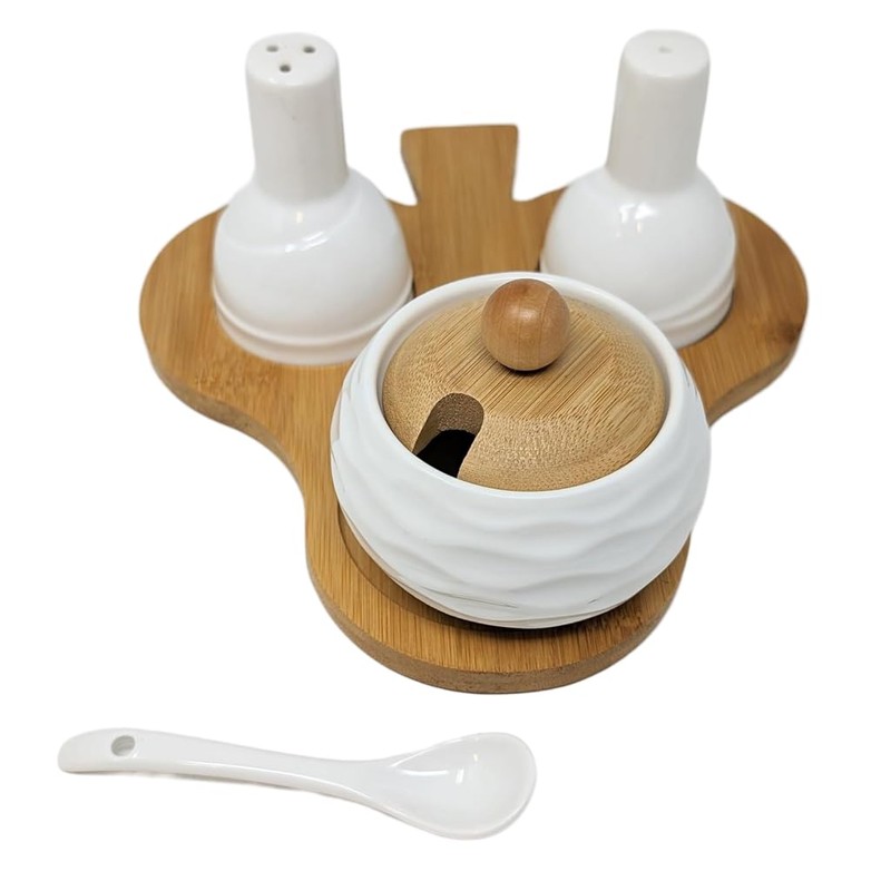 Ceramic Condiment Set with Bamboo Base – Salt and Pepper