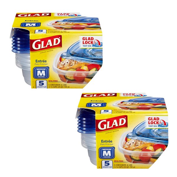 GladWare Entrée Food Storage Containers with Glad Lock Tight Seal | BPA Free | Medium Square Plastic Containers Hold Up to 25 Ounces of Food, 5 Count - 2 Pack