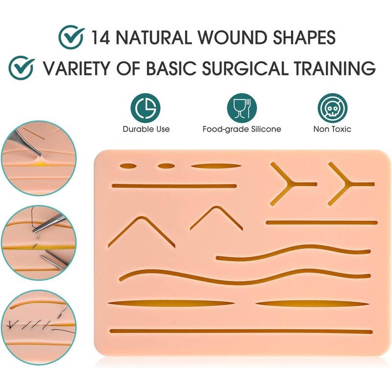 Suture Practice Pad 3-Layer Silicone with 14 Pre-Cut Wounds –