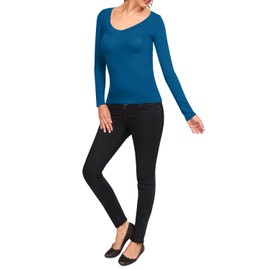 J. LOVNY Womens Basic Jersey Cotton Wide V-Neck Longsleeve Casual T-Shirts