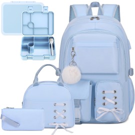 Scothen Backpack for Girls with Bento Lunch Box Set, School Bag Bookbag for Teens Girls Kids Student, 43oz Lunch Containers Lunchbox, Insulated Lunch Bag & Pencial Case, Back To School Gift (Blue)
