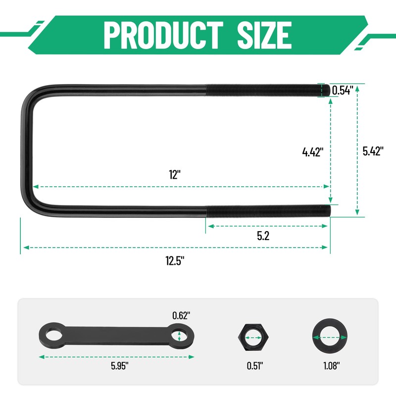 Racewill 12 inch Square Bend U-Bolt Kits, Heavy Duty Steel