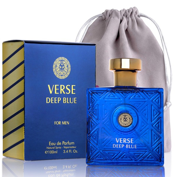 NovoGlow Verse Deep Blue, Eau de Parfum Spray Perfume, Fragrance For Men- Daywear, Casual Daily Cologne Set with Deluxe Suede Pouch- 3.4 Oz Bottle- Ideal EDP Beauty Gift for Birthday, Anniversary