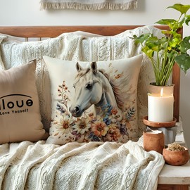 ULOVE LOVE YOURSELF 2Pack Horse Throw Pillow Covers with Wildflower Watercolor Horse Pillowcases Rustic Farmhouse Sofa Couch Decor Cushion Cover 18 X 18 Inch (Beige)