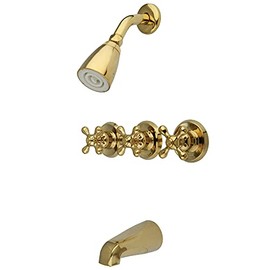 Kingston Brass KB232AX Tub and Shower Faucet with Three Cross Handles, Polished Brass 5-Inch Spout Reach
