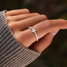 STORYJEWELLERY Cross Rings for Women, 925 Sterling Silver Rings, Purity Ring, Dainty Sideways Cross Ring, Christian Jewelry, Gifts for Women, Size 7