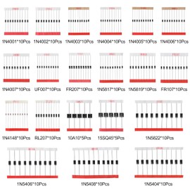 Diode Assorted Kit,Schottky Rectifier Diode 1N4001 1N4002 1N4003 1N4004 1N4005 1N4006 1N4007 1N4148 1N5404 1N5406 1N5408 RL207 UF4007 FR107 FR207 1N5817 1N5819 1N5822 15SQ045 10A10 20Values Diodes Kit