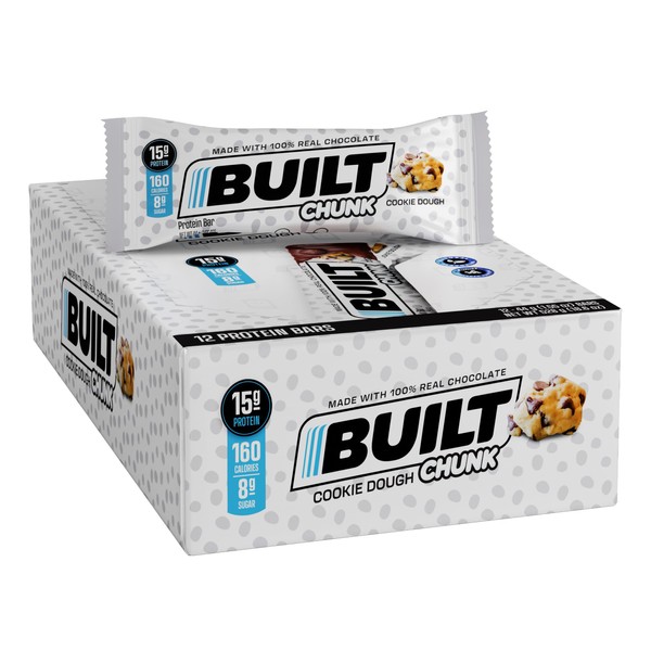 BUILT Protein Bars, Cookie Dough Chunk Puff, 12 count, Protein Snacks with 15g of High Protein, Collagen, Chocolate Protein Bar with only 160 calories & 8g sugar, Perfect On The Go Protein Snack