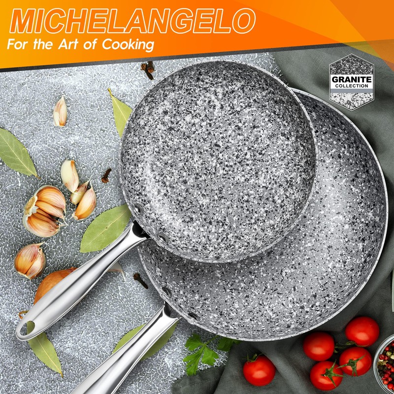MICHELANGELO Frying Pan Set with Lid, 8" & 10" Granite