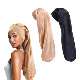 KGDUYC Shower Caps, Long Satin Hair Cap, Girls Silky Hat, Silk Bonnet Sleep Cap, Silk Sleep Cap, Hair Protection, for Long Curly Hair (Pack of 2)