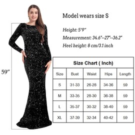 kisscc Velvet Stretch Sequin Formal Dress Long Sleeve O Neck Maxi Dress Black Medium