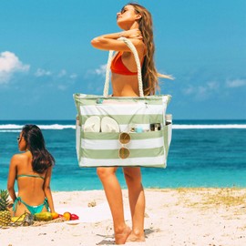 Fammart Large Beach Bag for Women, Waterproof Gym Travel Tote Bag with Lunch/Wet Pocket, Sandproof, Top Zipper Closure, Light Green, Large