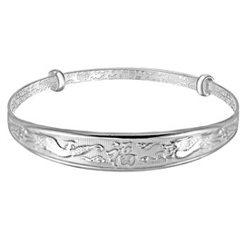 Mecool S999 Sterling Silver Adjustable Cuff Bracelet Dragon Phoenix Carved Bangle Bracelet