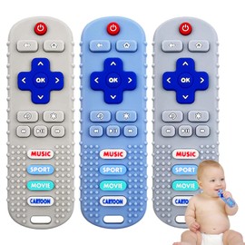3 Pack Remote Control Shape Silicone Teethers for Babies Chew Toys, Teething Toys for Infant Toddlers,Baby Remote Control Toy (Blue&Grey&Beige)