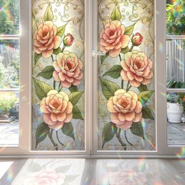 2PCS 17.7x39.4inch Camellia Stained Glass Window Film, Camellia Stained Glass Window Film for Bathroom Door Heat Anti UV N06