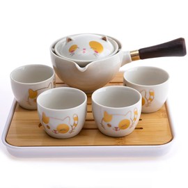 lachineuse - Set da tè giapponese a forma di gatto kawaii - con teiera, 4 tazze di porcellana, vassoio, borsa per il trasporto - Idea regalo a forma di gatto giapponese - Stoviglie asiatiche
