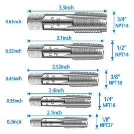 5 Piece NPT Pipe Tap Set, 3/4 1/2 3/8 1/4 1/8 Inch NPT Tap Mapping Made of Carbon Steel with Durable Plastic Casing, NPT Tap Set for Precise Threads