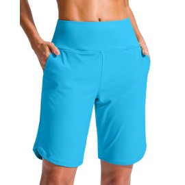 G Gradual Women's 9" Long Swim Board Shorts High Waisted Quick Dry Beach Swimming Shorts for Women with Pockets Liner(Sky Blue,XL)
