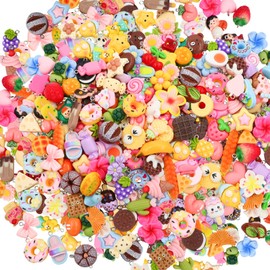 Kyllog 100 Pcs Resin Charms for Jewelry Making, Assorted Cute Kandi Charms with Eye Pins, Mini Fruit Candy Animal Flower Keychain Charm for Bracelet Making, Earrings, Necklaces and DIY Crafts